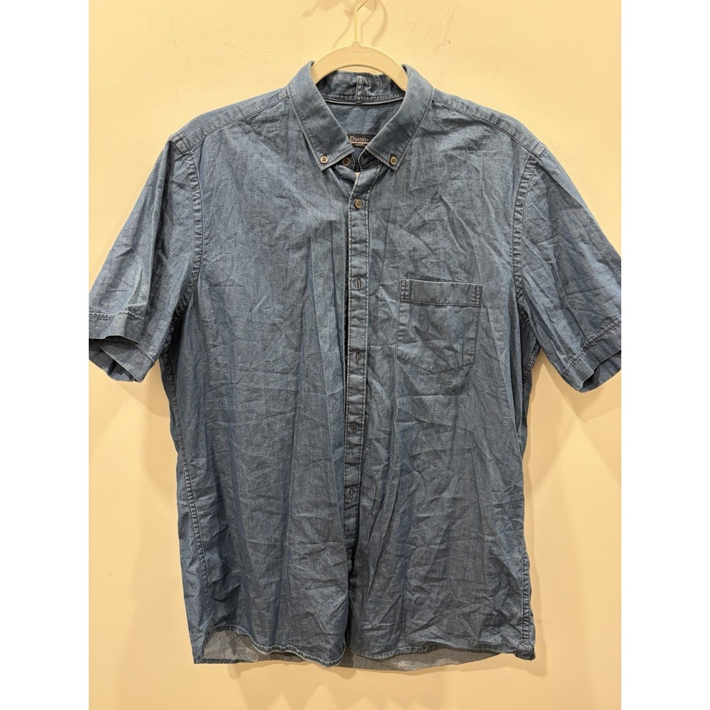 Dustin Cotton Button-Down Shirt chambray blue pocket Men's Short Sleeve lg